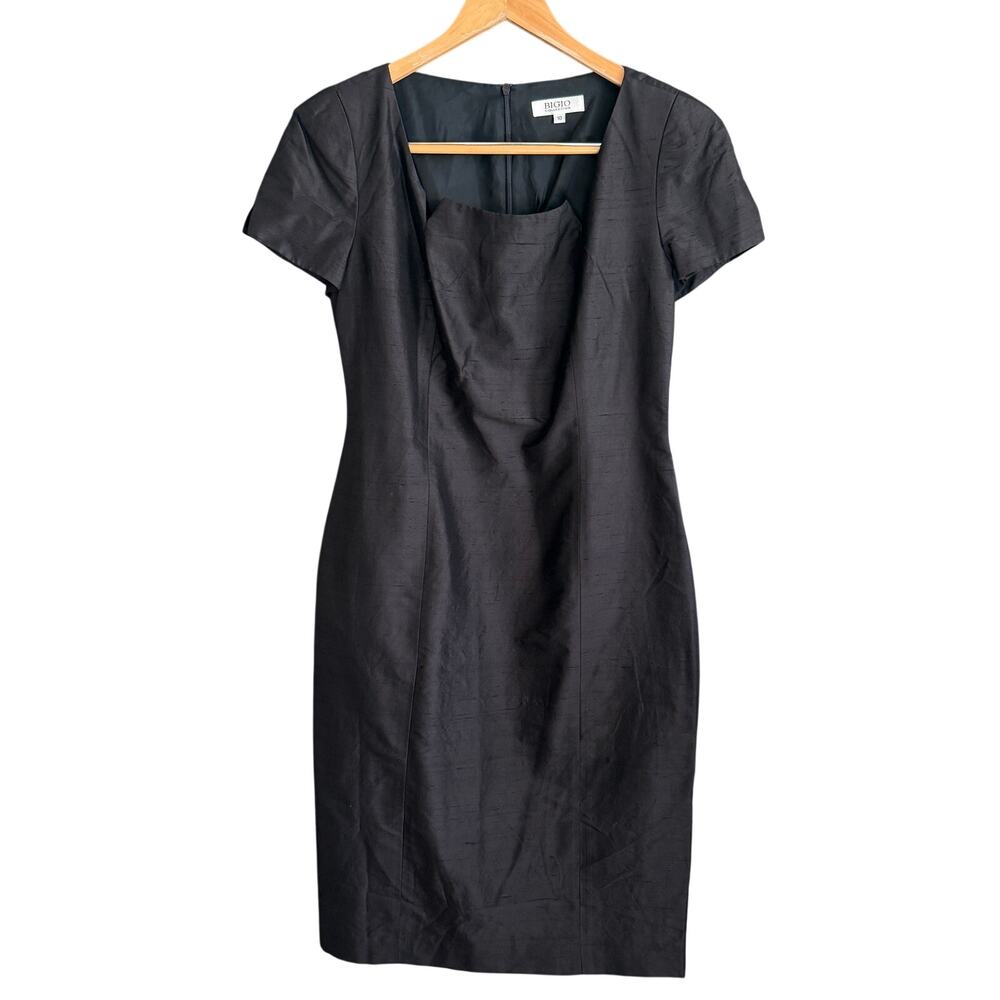 BIGIO Collection | Black Silk Short Sleeve Square Neck Sheath Dress | 10 BNWT